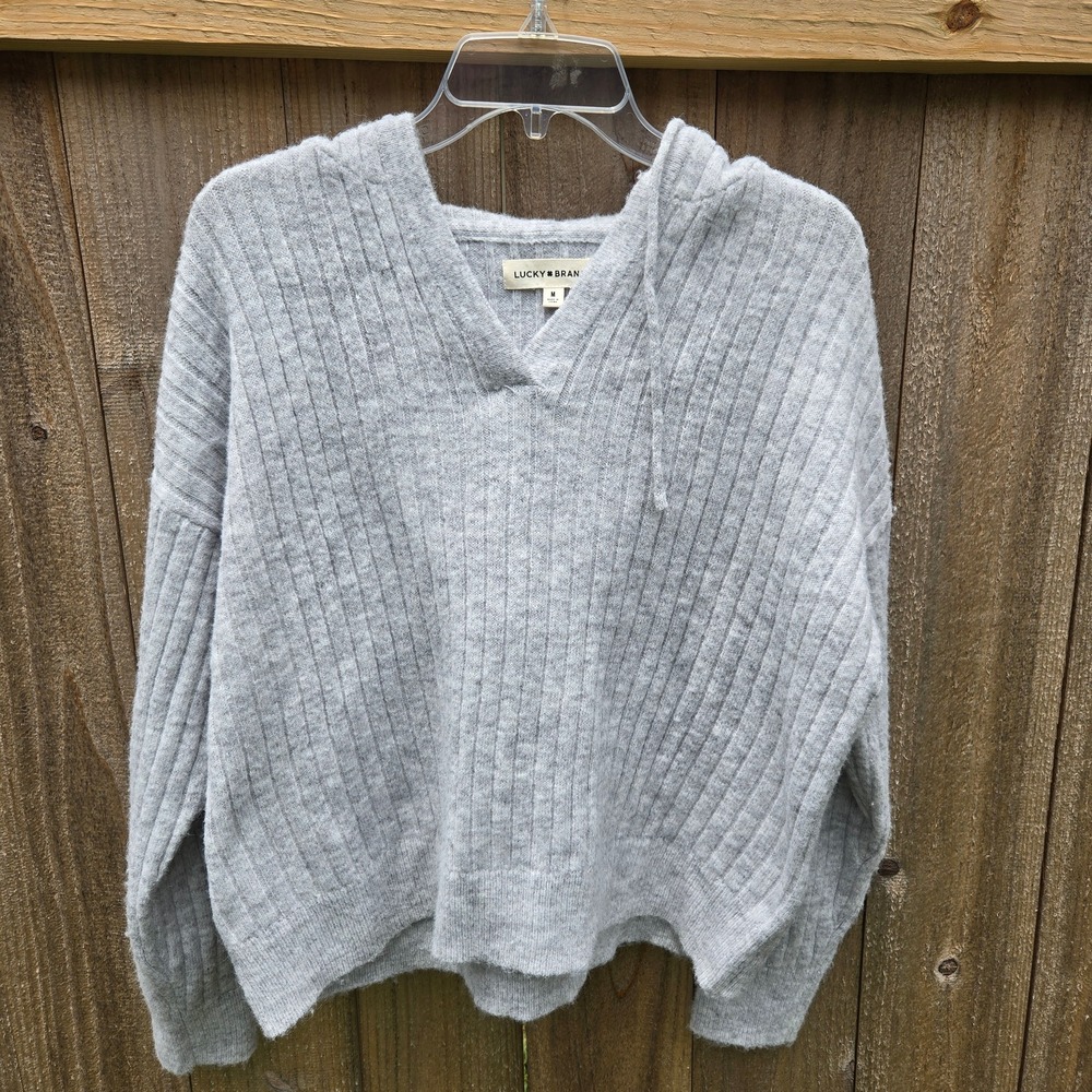 Lucky Brand Gray Ribbed Knit Hooded Sweater Womens Medium V-Neck Pullover Cozy